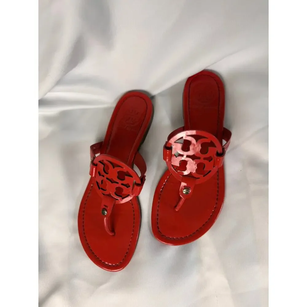 Tory Burch Miller Sandals Red Patent Leather Logo Thong Women’s Size 6